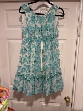 Moschino Teal Floral Applique Ruffle Dress